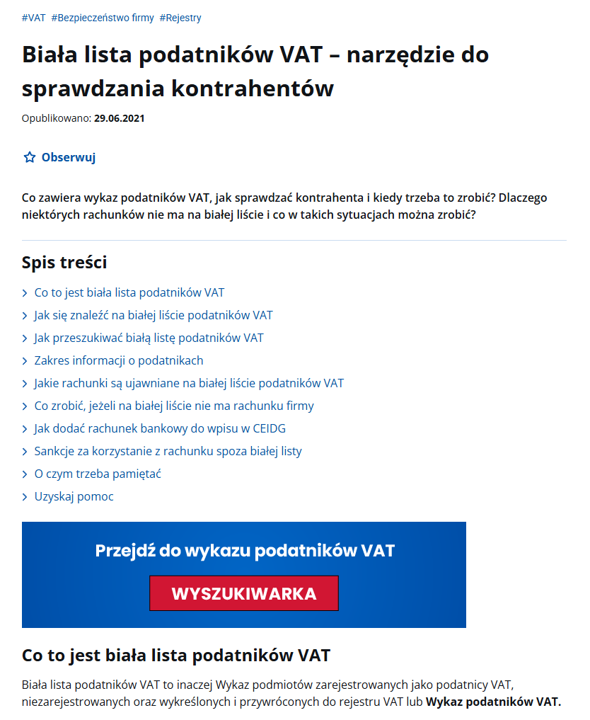 Biała lista podatników VAT Biała lista podatników VAT – oficjalny Wykaz podatników VAT Ministerstwa Finansów