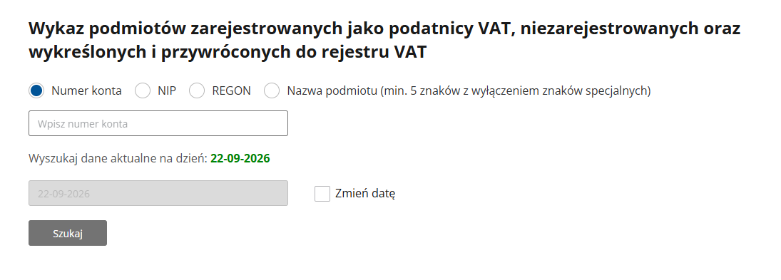 Jak sprawdzić podatnika na białej liście VAT Sprawdzanie podatnika na białej liście VAT po numerze konta, NIP, REGON lub nazwie