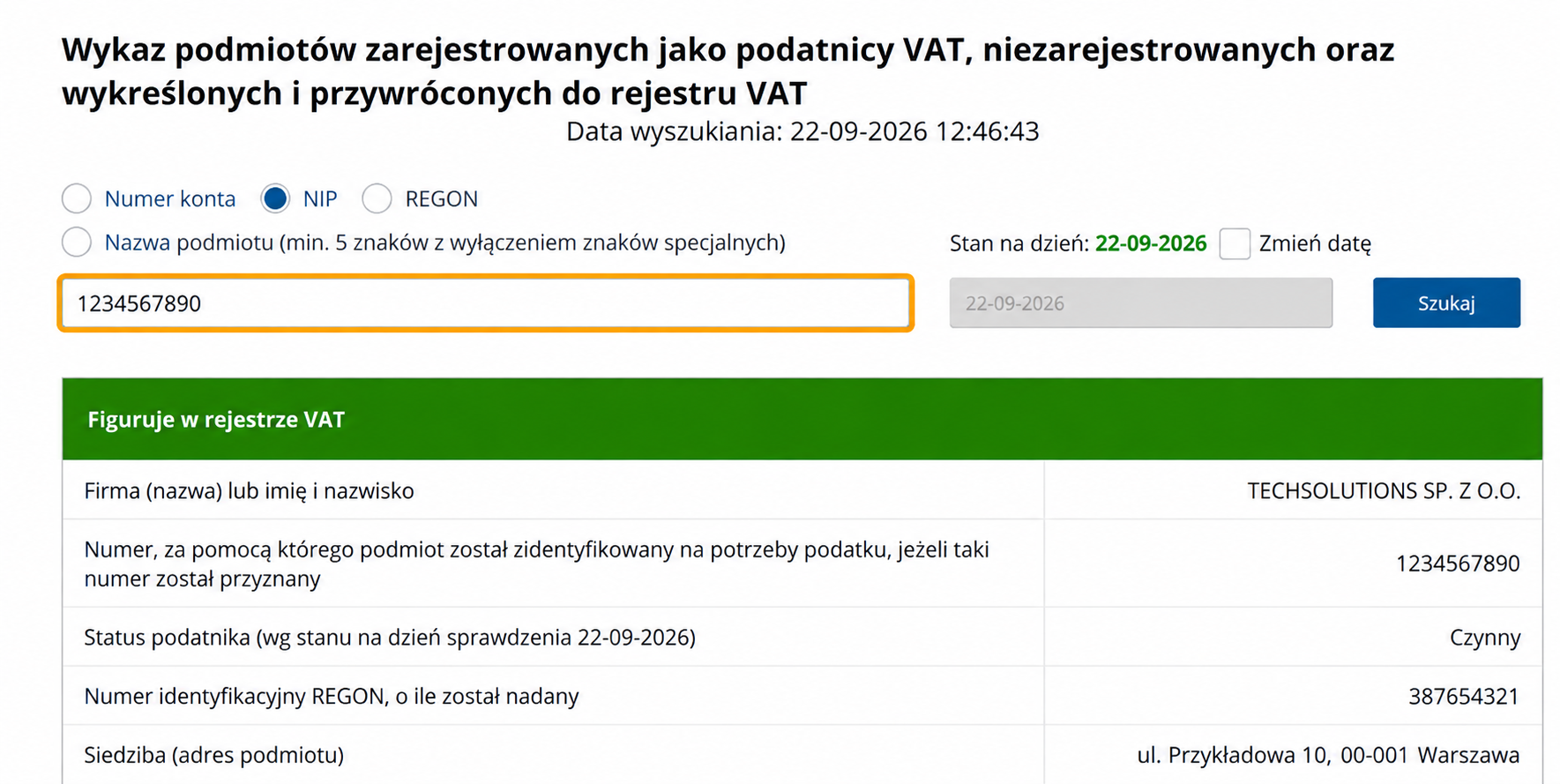 Wynik sprawdzenia białej listy podatników VAT Pozytywny wynik wyszukiwania na białej liście podatników VAT – podatnik czynny
